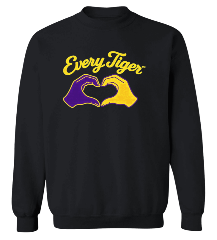 Black sweatshirt with “Every Tiger” text and two hands forming a heart in purple and yellow.