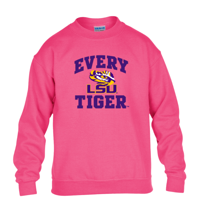 Pink LSU Tiger sweatshirt with “EVERY LSU TIGER” text and tiger logo on the front