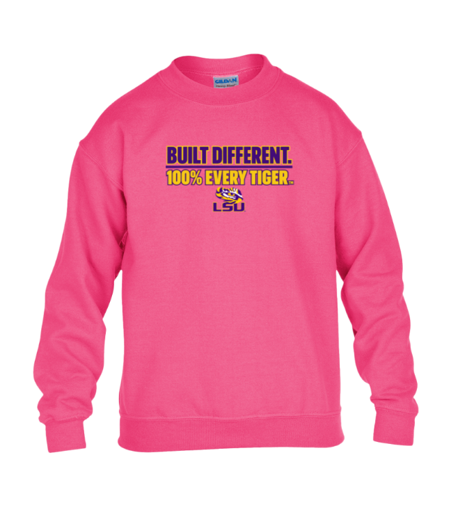 Pink LSU sweatshirt with “Built Different. 100% Every Tiger.” text on the front