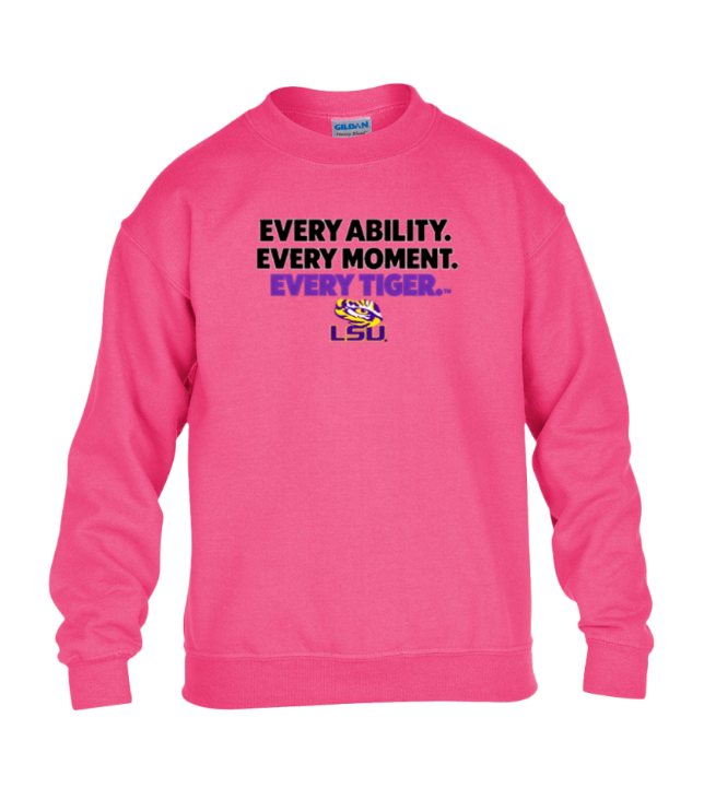 Bright pink LSU sweatshirt with “EVERY ABILITY. EVERY MOMENT. EVERY TIGER.” text and LSU logo