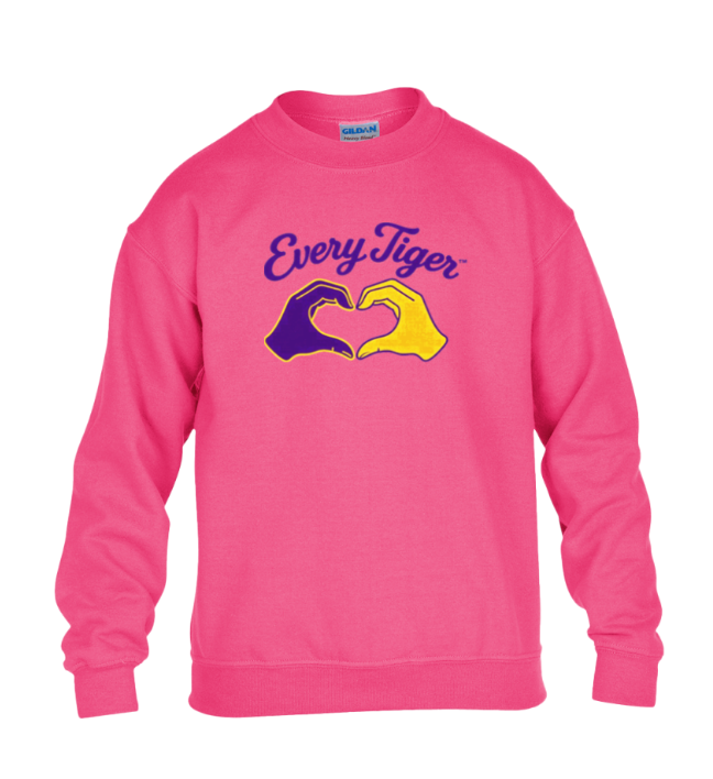 Pink sweatshirt with "Every Tiger" text and two hands forming a heart shape graphic