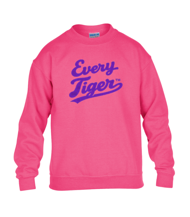 Pink sweatshirt with purple “Every Tiger” text on the front