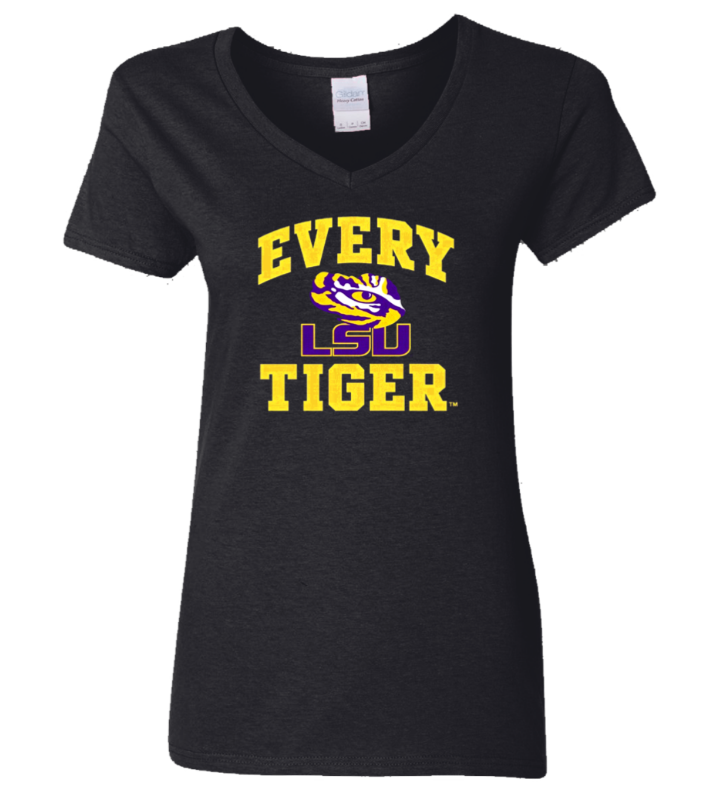 Black T-shirt with yellow “Every LSU Tiger” text and LSU logo on the front