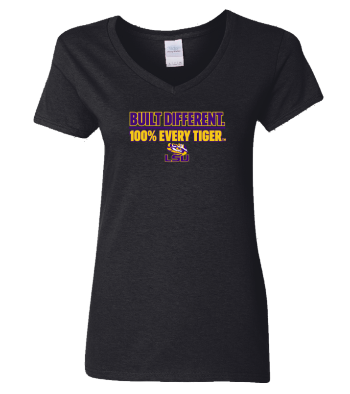 Black V-neck T-shirt with purple and gold “Built Different. 100% Every Tiger.” slogan on front