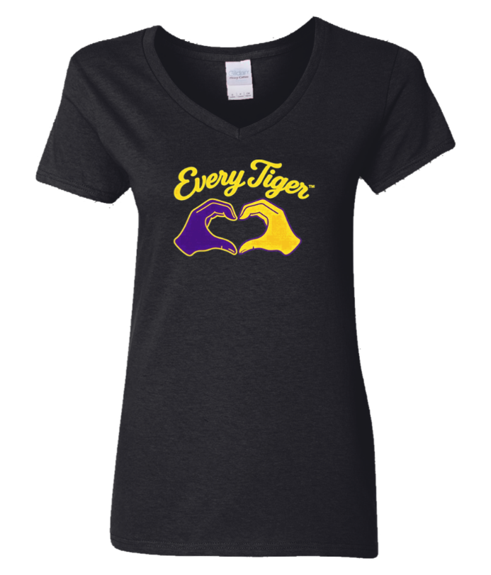Black V-neck T-shirt with yellow “Every Tiger” text and purple-and-yellow hand design