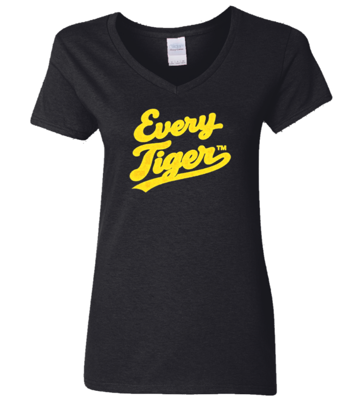 Black V-neck T-shirt with yellow “Every Tiger” lettering
