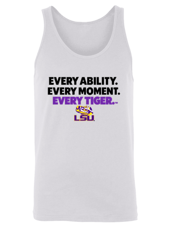 White LSU tank top with slogan “Every ability. Every moment. Every tiger.” in black and purple.