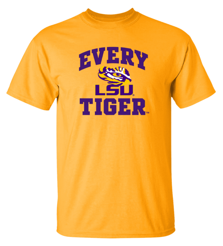 Gold LSU Tigers T-shirt with purple “EVERY LSU TIGER” text and tiger logo.