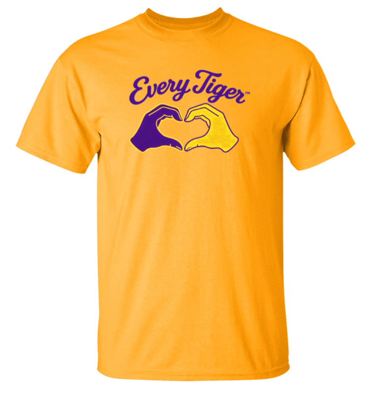 Yellow T-shirt with “Every Tiger” text and two hands forming a heart in purple and gold
