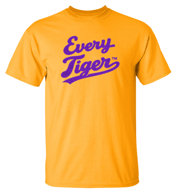 Bright yellow T-shirt with purple “Every Tiger” script on the chest