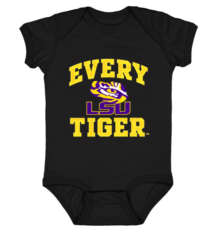 Black baby bodysuit with LSU Tigers logo and gold text “EVERY LSU TIGER”