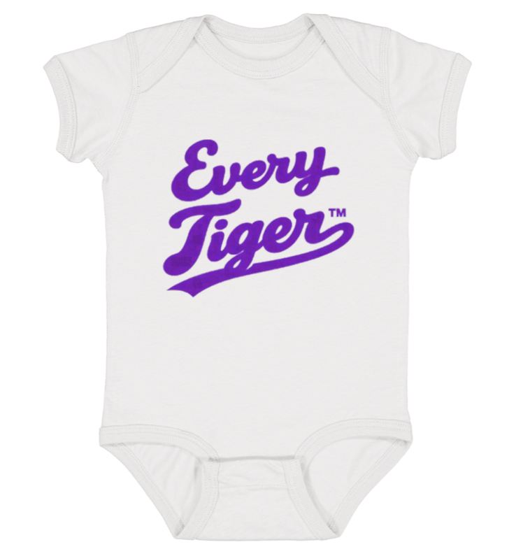 White baby onesie with purple “Every Tiger” text logo on the front