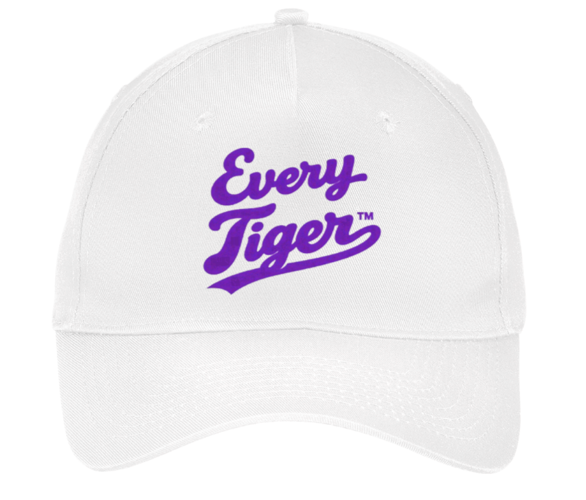 White baseball cap with purple “Every Tiger” script logo on the front