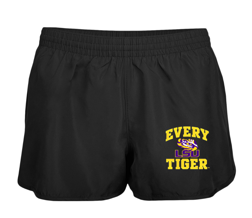 Black athletic shorts with "EVERY LSU TIGER" logo in purple and gold on the leg