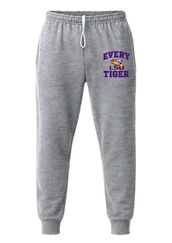 Gray jogger sweatpants with purple and gold "Every Tiger" graphic on the left thigh