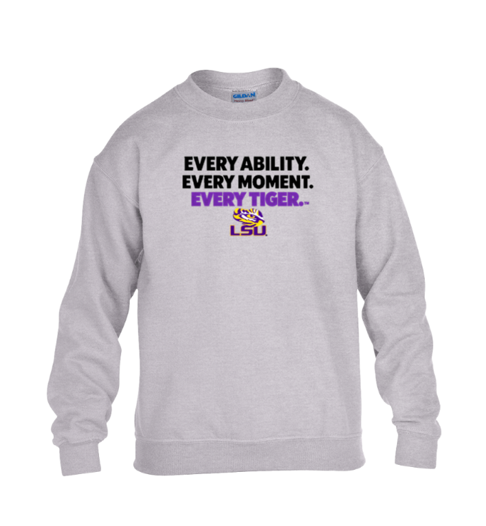 Gray LSU sweatshirt with “Every Ability. Every Moment. Every Tiger.” text in black and purple