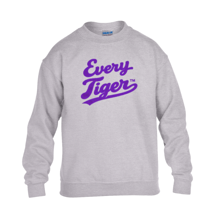 Light gray crewneck sweatshirt with purple “Every Tiger” text