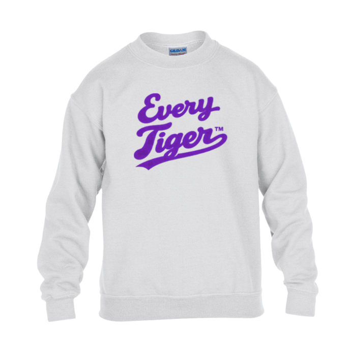 Light gray sweatshirt with purple “Every Tiger” script text on the front
