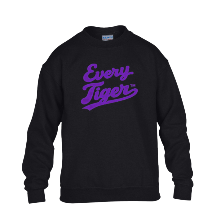 Black sweatshirt with purple “Every Tiger” script on the front