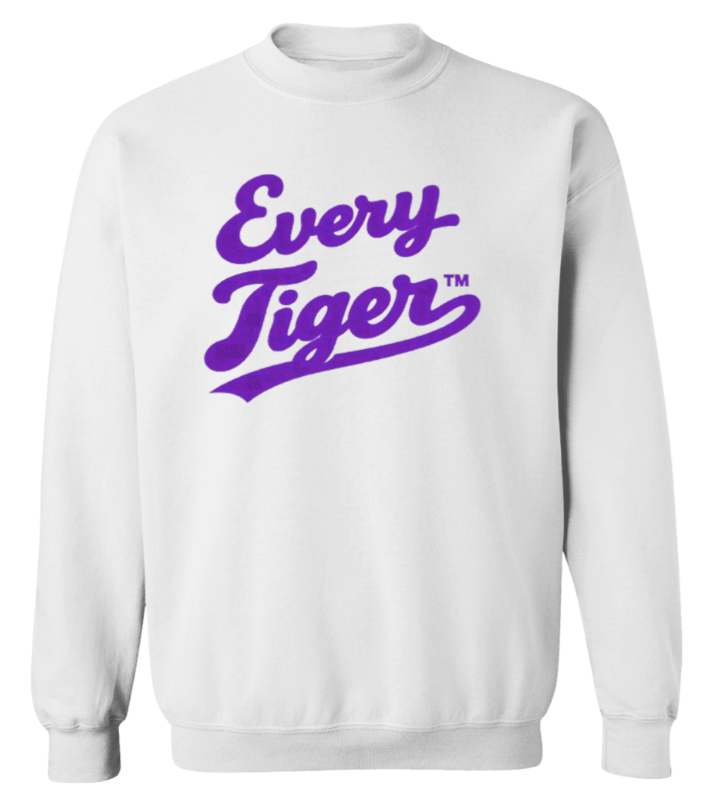White sweatshirt with purple “Every Tiger” logo on the chest
