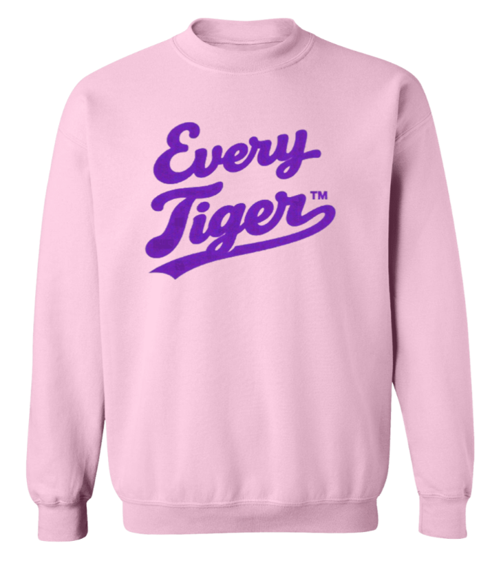 Pink sweatshirt with purple “Every Tiger” text logo on the front