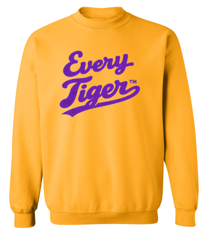 Yellow sweatshirt with purple “Every Tiger” script logo on the front