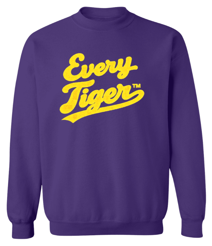 Purple sweatshirt with yellow “Every Tiger” text logo