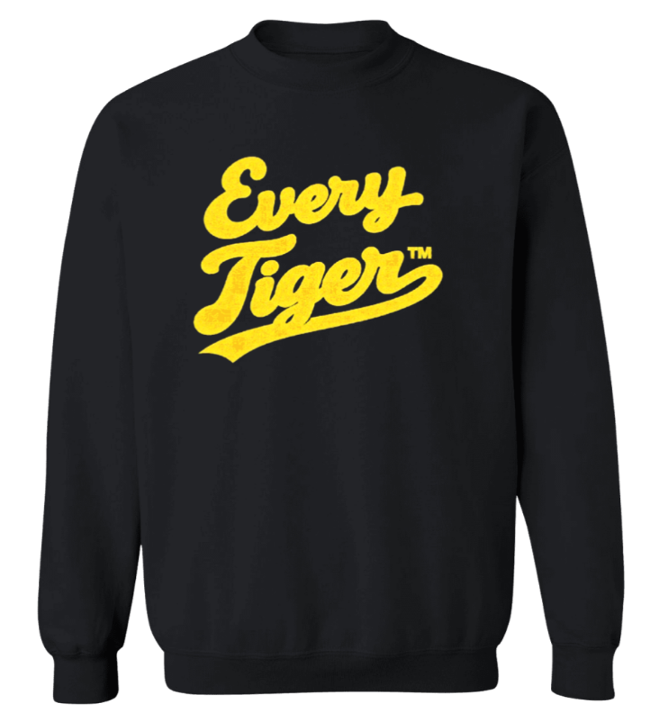 Black sweatshirt with yellow “Every Tiger” text logo on the front
