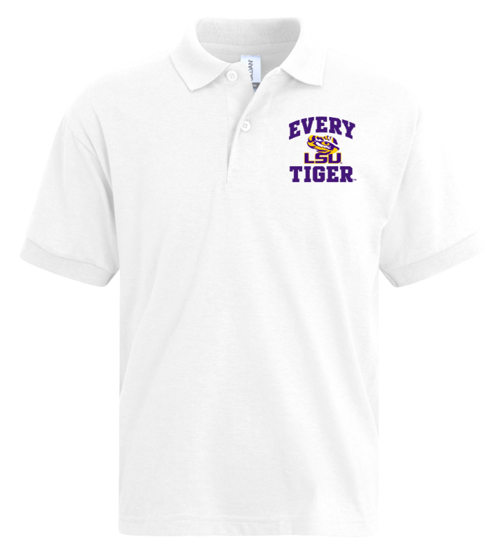 White polo shirt with purple and gold “EVERY LSU TIGER” logo on the chest