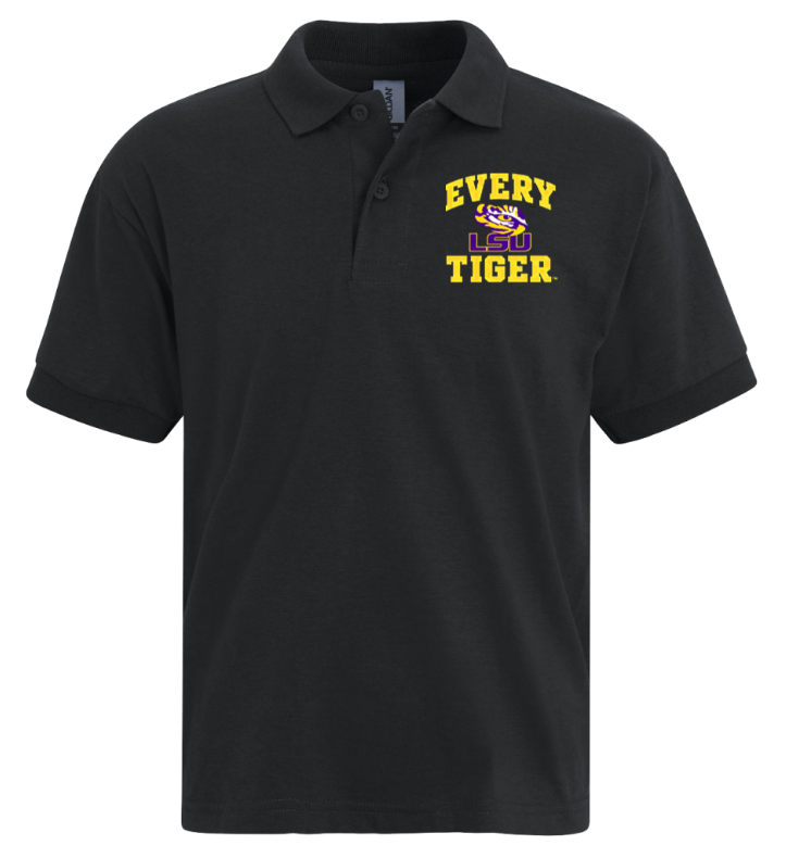 Black polo shirt with yellow "Every Tiger" logo on the chest