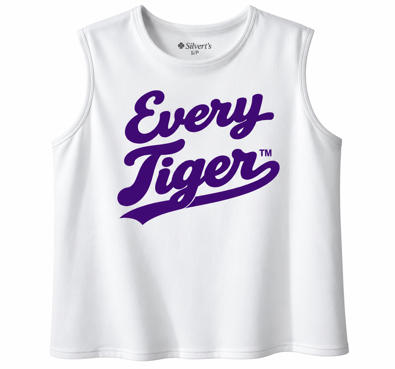 White sleeveless crop top with purple “Every Tiger” text graphic