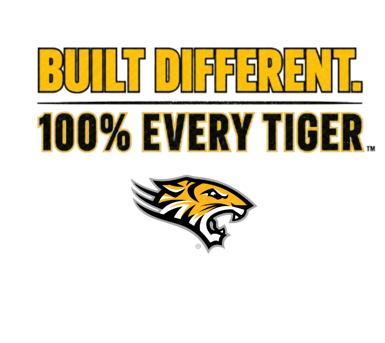 “Built Different. 100% Every Tiger.” slogan in yellow and black text on a white background