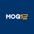 MOQ1 logo on blue background with white and orange shopping cart icon