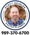 Scott Heimler Master Plumber logo with portrait, circular blue border, and phone number 989-370-6700