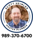 Scott Heimler Master Plumber logo with portrait, circular blue border, and phone number 989-370-6700
