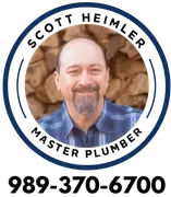 Scott Heimler Master Plumber logo with portrait, circular blue border, and phone number 989-370-6700