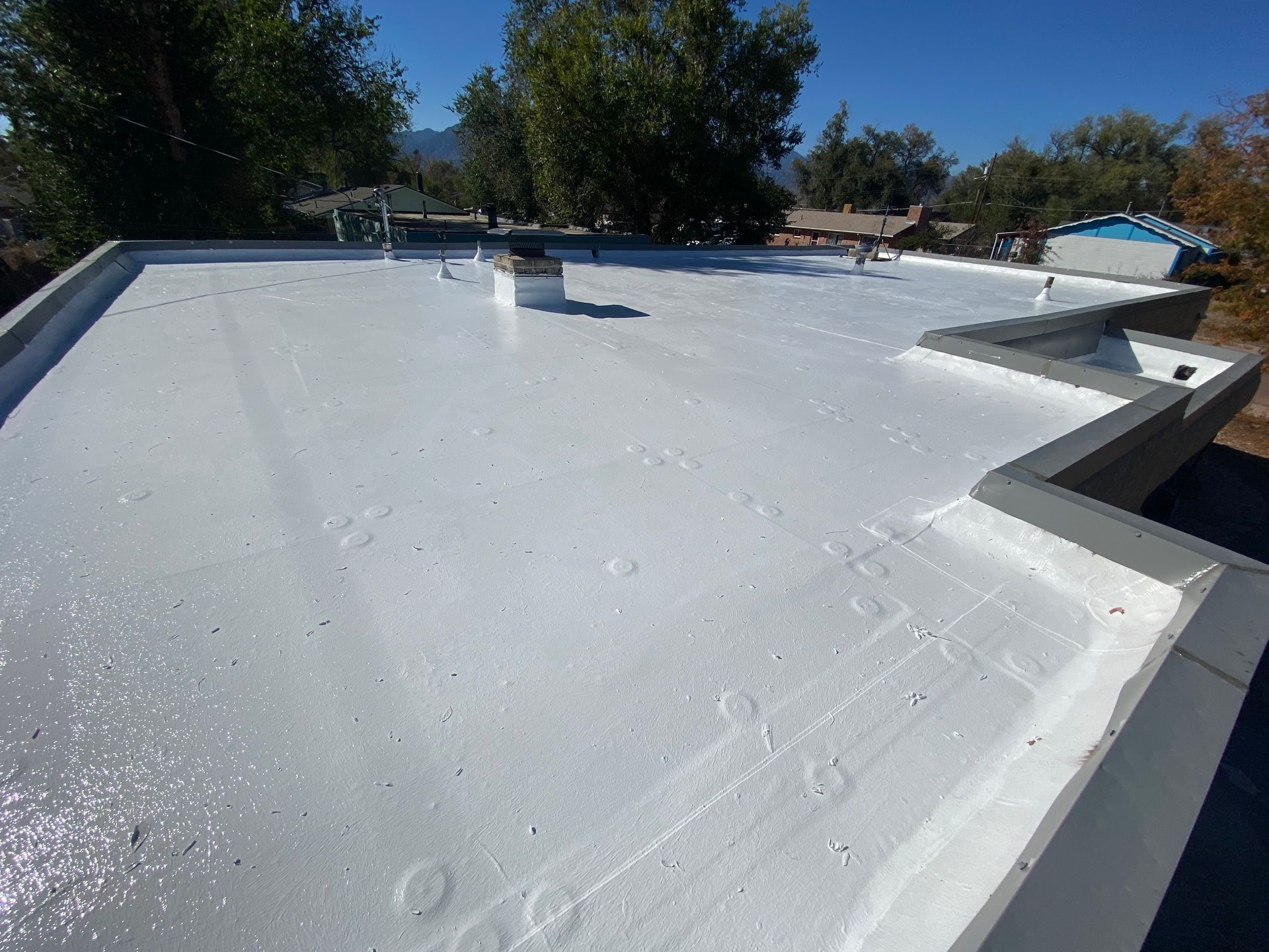 A white roof with trees in the background