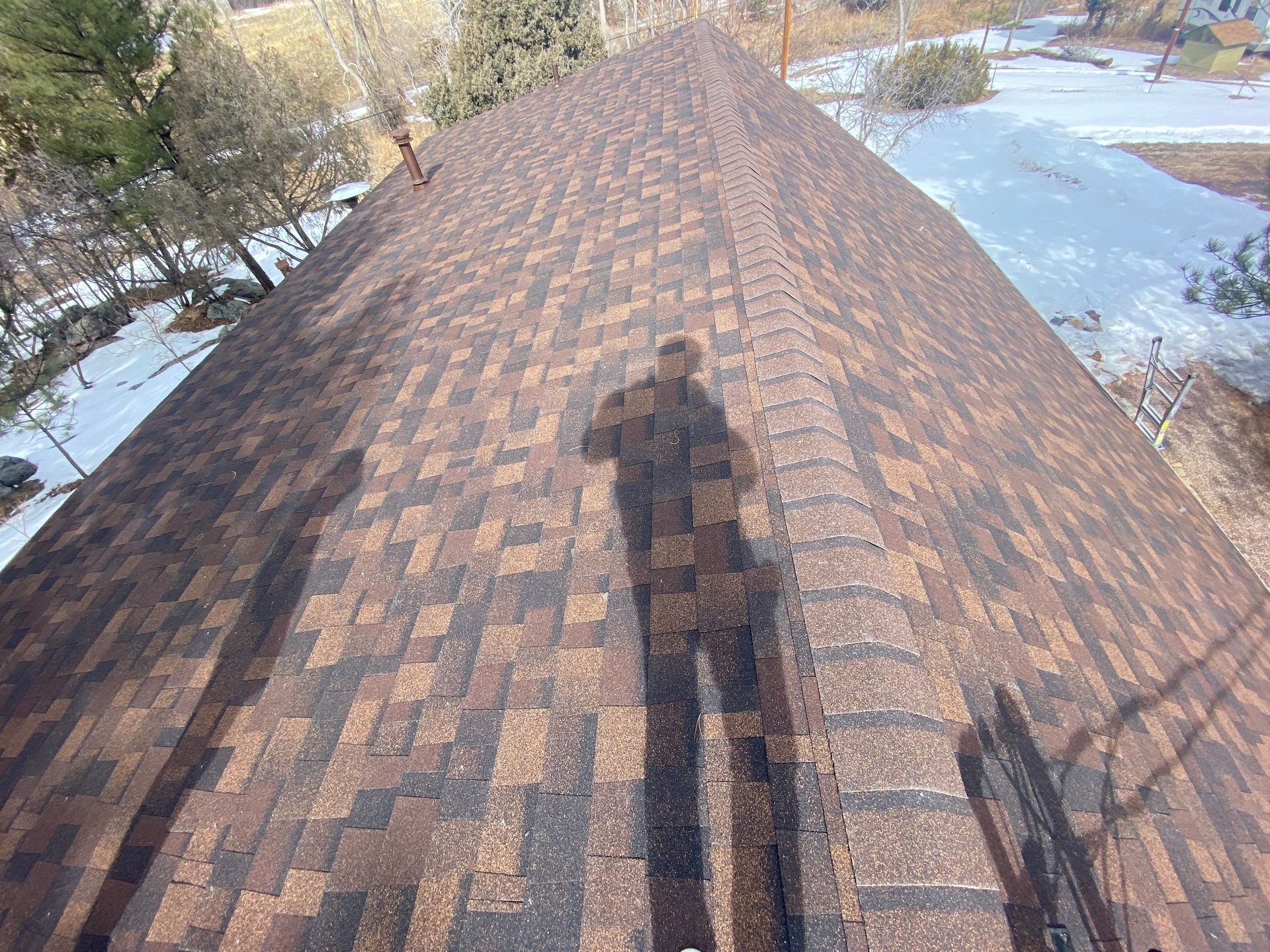 A person is taking a picture of their shadow on the roof of a house.