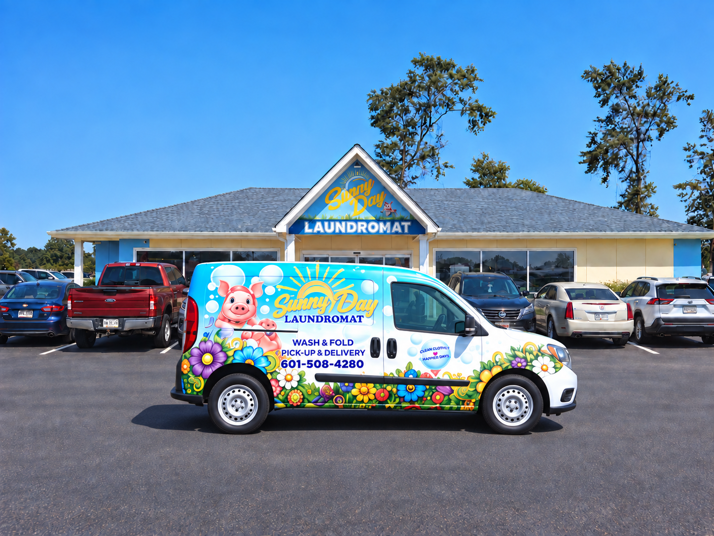 Sunny Day Laundromat building in Lucedale with its colorful delivery van