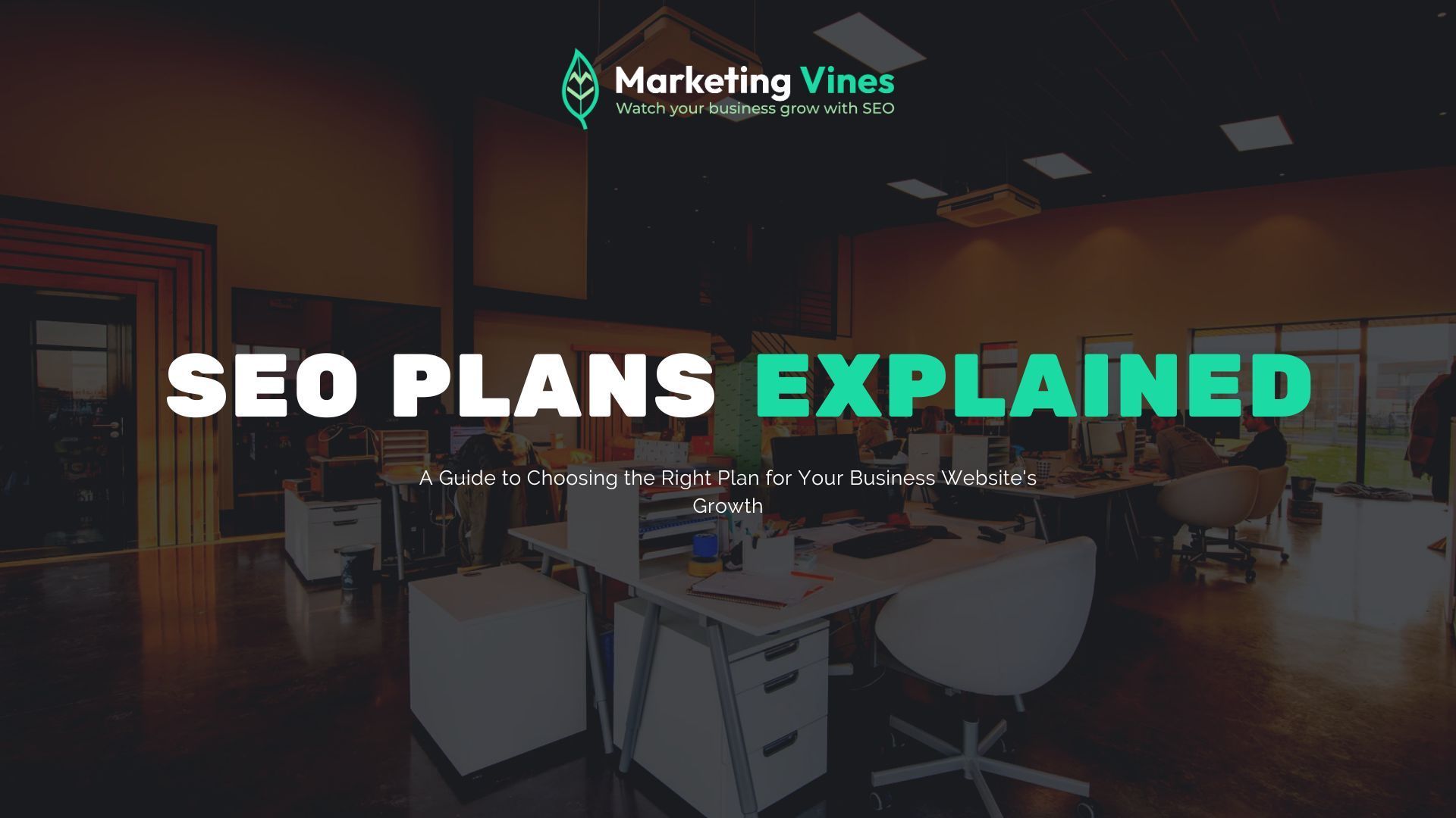A blurred image of an office with the words seo plans explained