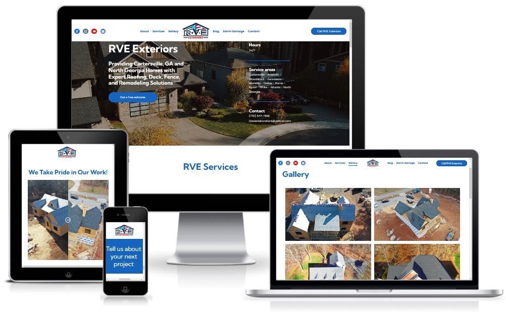 A computer , laptop , tablet , and cell phone displaying a website.