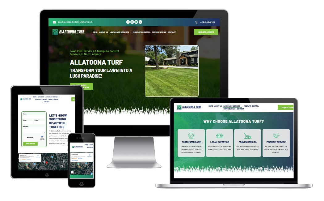 Multiple devices displaying a website: computer, laptop, tablet, and phone, with green and white color scheme.