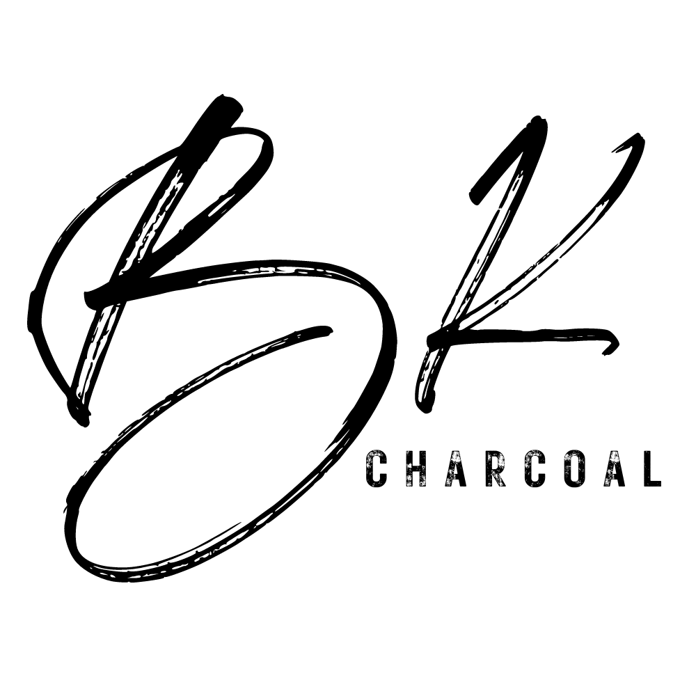 A black and white logo for a company called bk charcoal.