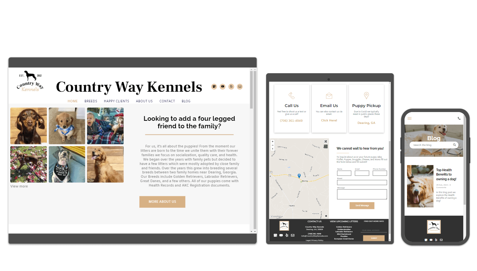 A computer , tablet , and cell phone displaying a website for country way kennels.