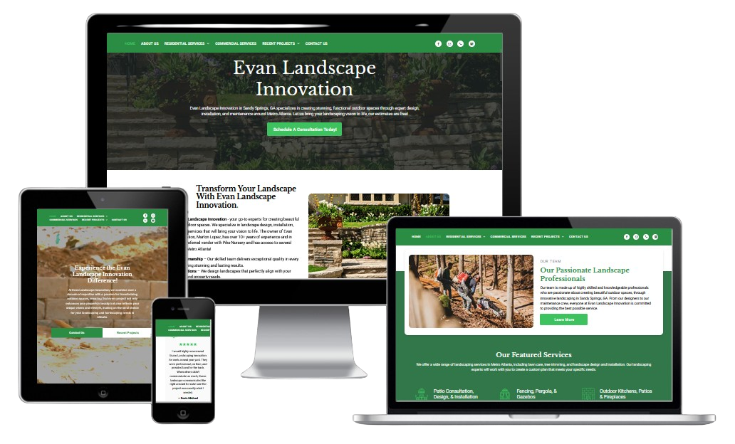 Website display on various devices: computer, laptop, tablet, and phone, with green and white color scheme.