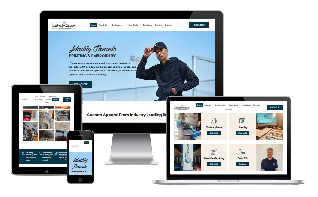 Website design, multi-device view: desktop, laptop, tablet, phone displays a clothing website featuring a man in a hat.