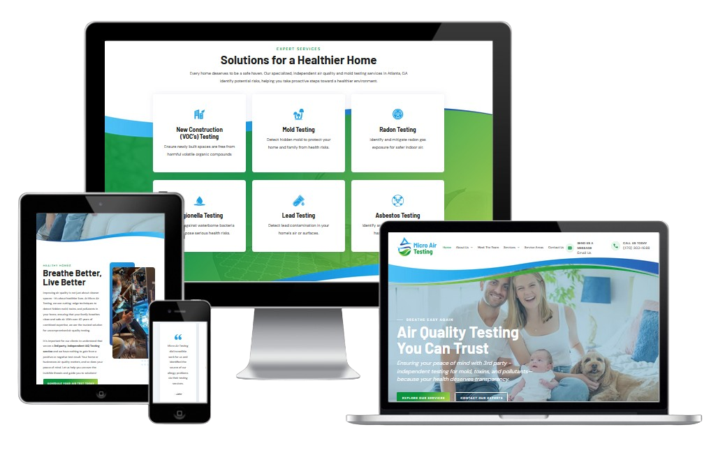 Website displaying on multiple devices; air quality testing services.
