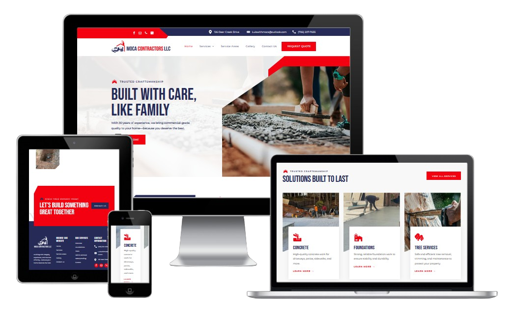 Website on different devices: desktop, tablet, and phone, displaying a construction company's site.