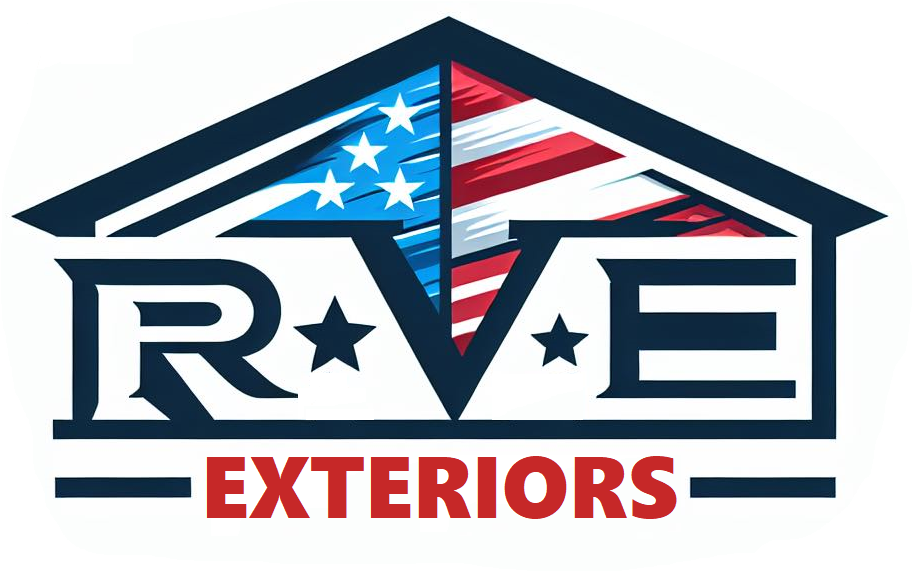 A logo for rave exteriors with an american flag on the roof.