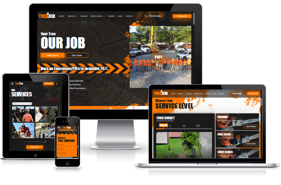 A computer monitor a tablet a phone and a laptop all showing a website called our job